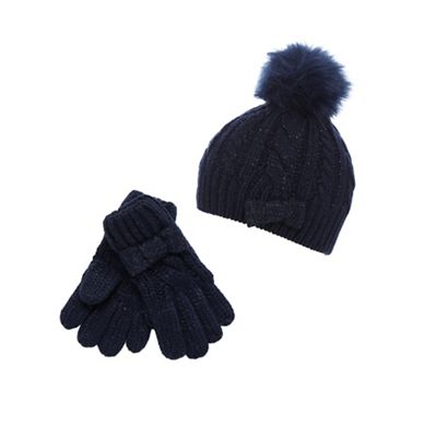 Girls' navy cable knit bow beanie and gloves set